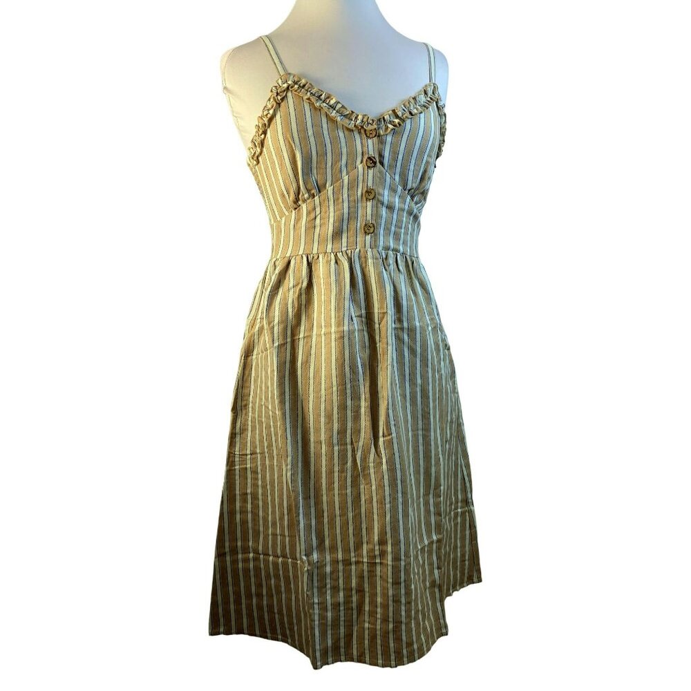 Chaser Cotton Striped Midi Dress Ruffle Bodice Smocked Elastic Back Sz S NEW